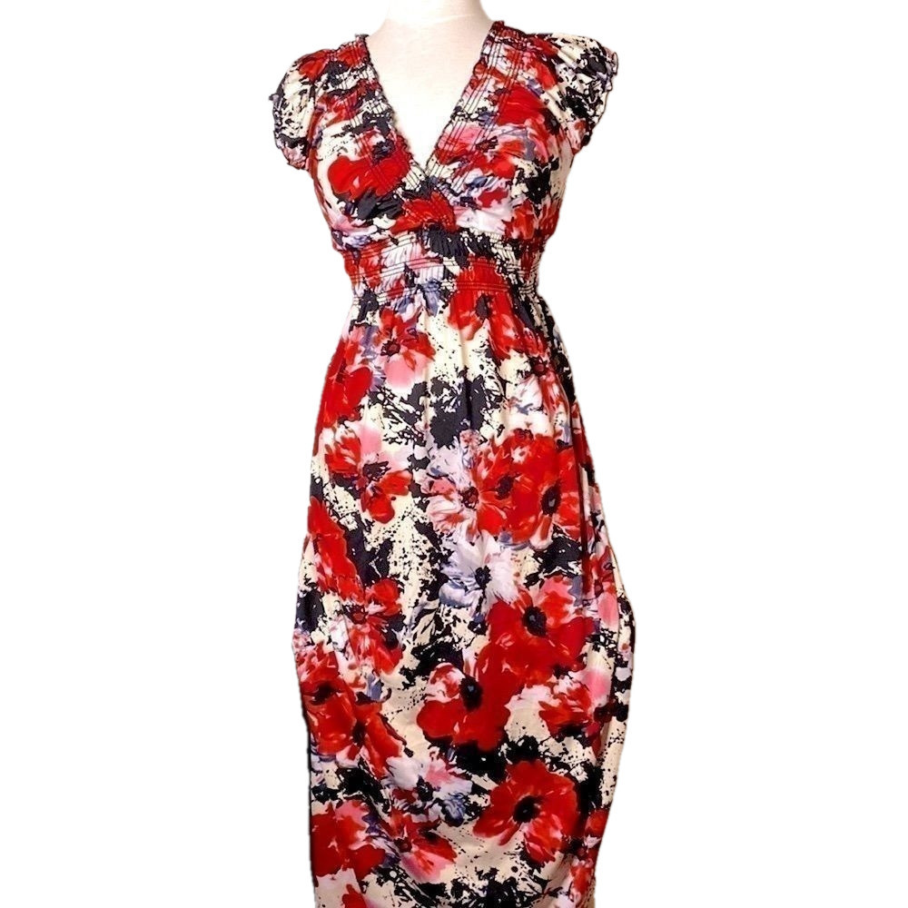 🌷 Impress🌷 Long Red, White, & Black Floral Print Maxi Dress - Picture 10 of 16
